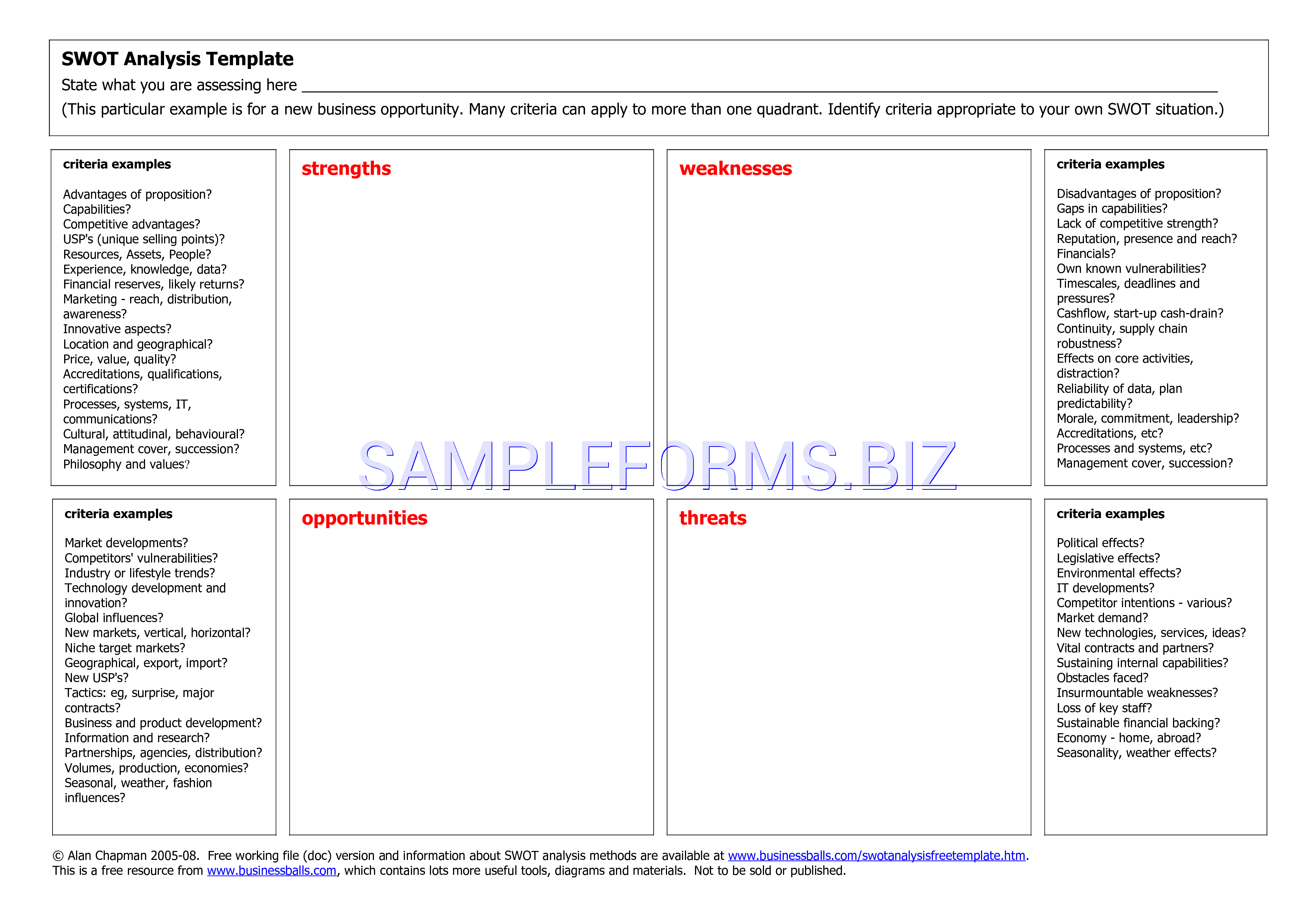 Preview free downloadable SWOT Analysis Template 3 in PDF (page 1)